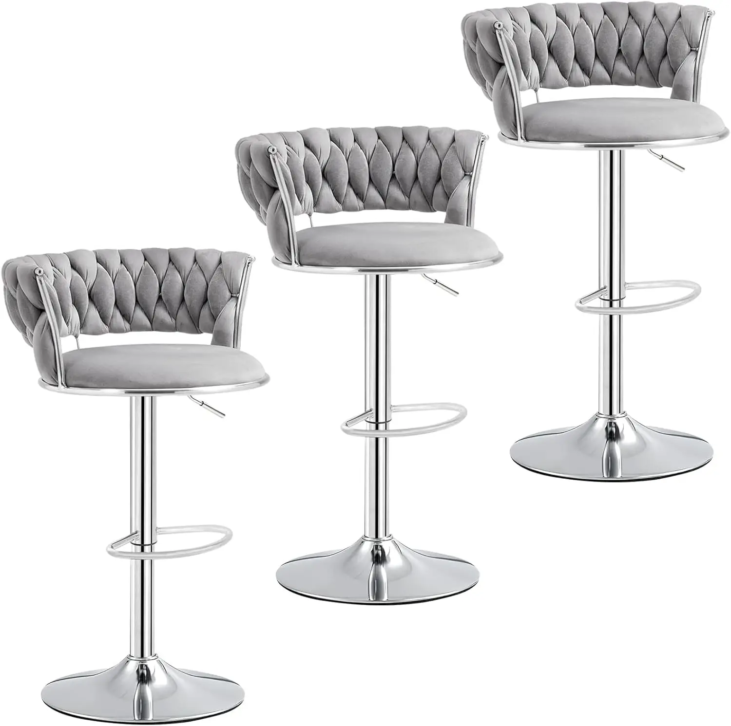 

Gray Bar Stools Set of 3, Modern 360° Swivel Barstools with Silver Base, Velvet Bar Chairs Kitchen Stool Island, Seat Height Adj