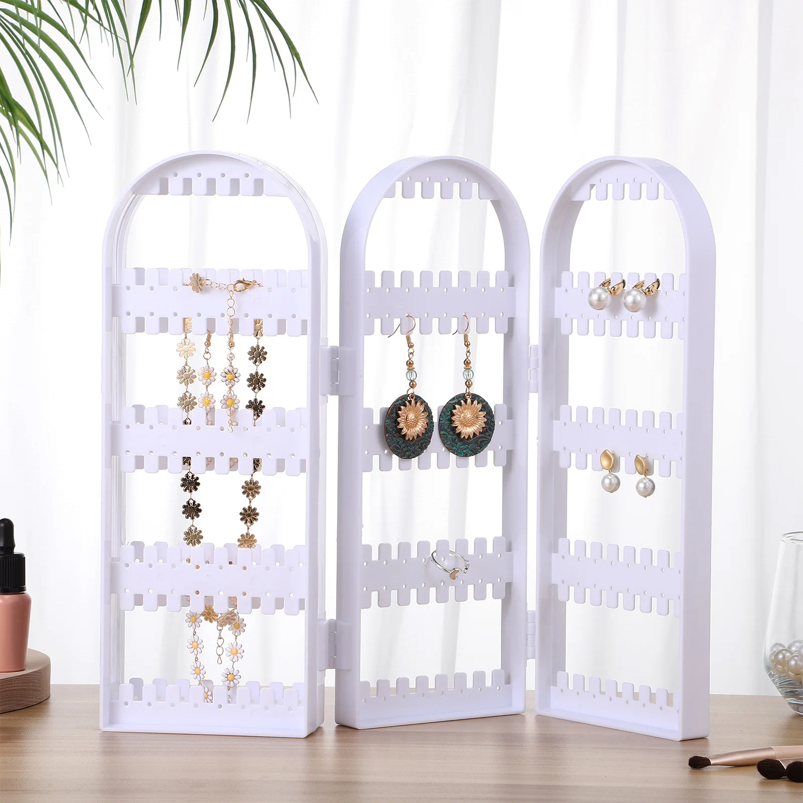 

Four Doors Foldable Jewelry Organizer Earring Holder Display Stand for Bedroom Vanity Desktop Gift for Women Earring Organizer