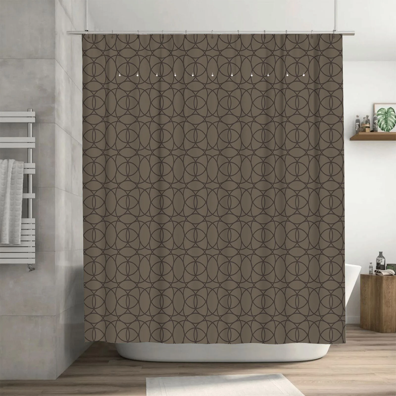 Modern Geometric Shower Curtain with Rings Pattern Neutral Tones for Bathroom Decor, Water-Resistant Fabric Bath Liner for Home
