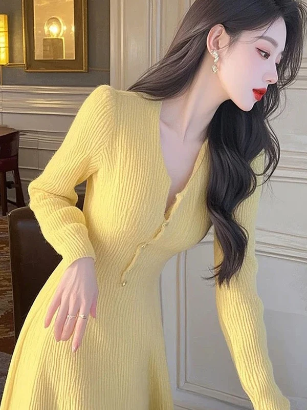 

Yellow Long Sve Knitted Dr Women's Slim Fit Inner Wear Sexy Waist Cinching Hip Covering Long Dr Commute Sle Ciwalk