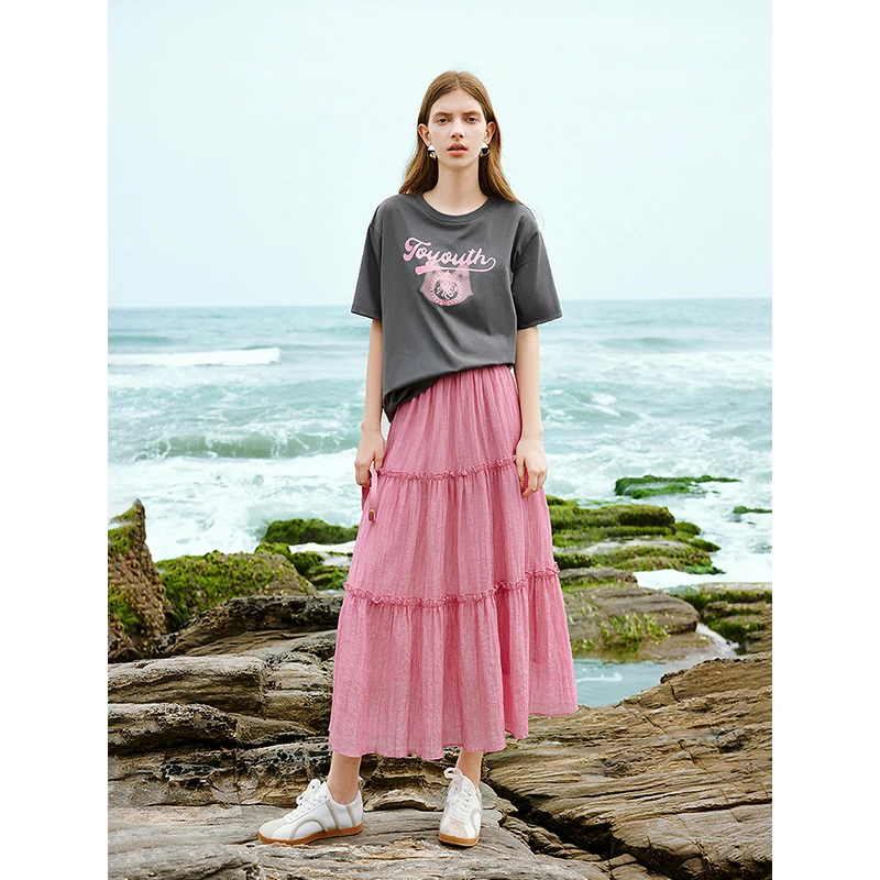 TOYOUTH Half Length Skirt For Women In The Summer Of 2024, New Elastic Waist Patchwork Lace Mid Length Cake Skirt