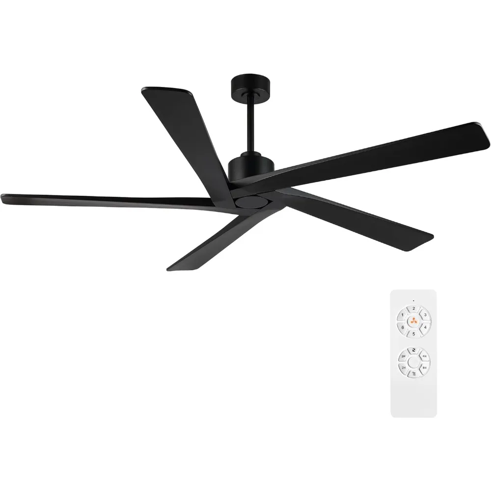 72 Inch Ceiling Fan No Light with 3 Downrods, 5 Reversible Carved Solid Wood Blades, Fan without Lights in Black Finish