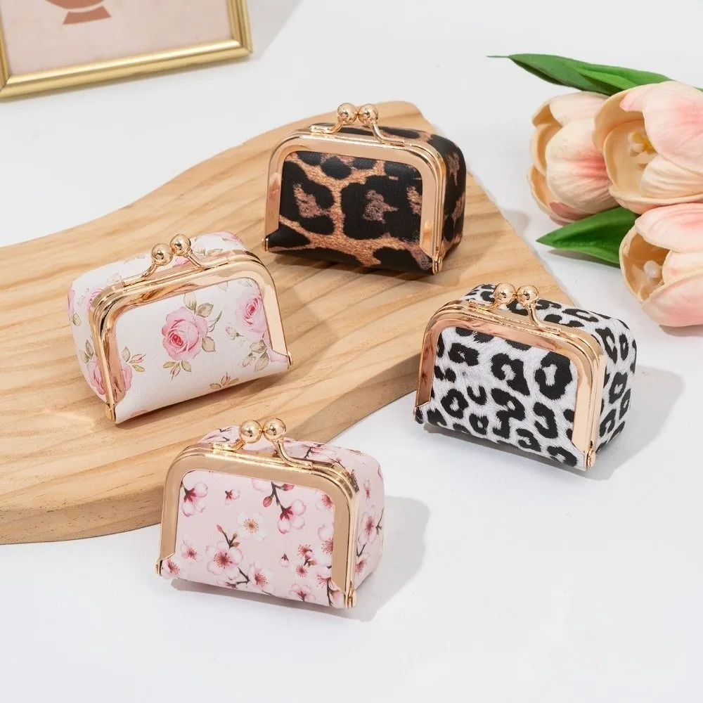 Kiss Lock Closure Jewelry Box Mini PU Leather Travel Storage Pouch Leopard Print Floral Print Portable Jewelry Case Girl Women