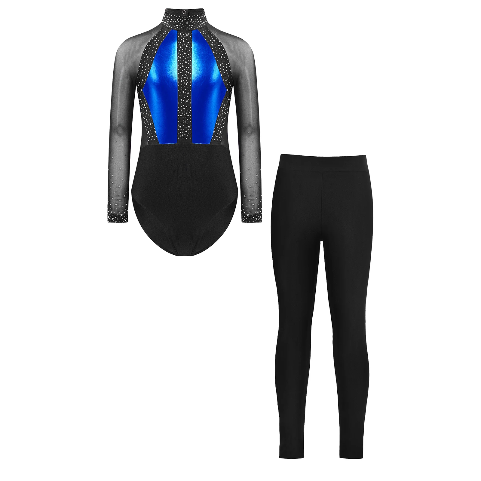 Kids Color Block Ballet Leotard for Girls Sheer Mesh Long Sleeve Rhinestone Gymnastics Leotards Leggings Figure Skating Jumpsuit