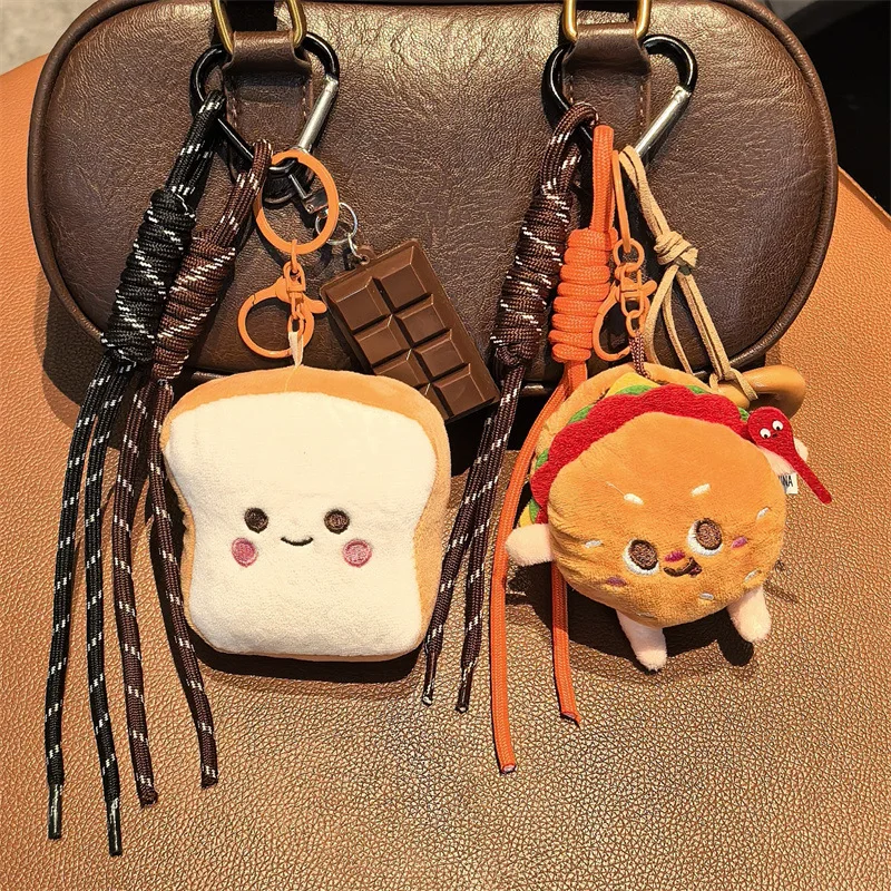 Cute Fashion Series Plush Burger Toast Doll Keychain,Woven Rope Toy Bag Pendant Creative Lanyard Car Decor Keyring Charm Gift view 3