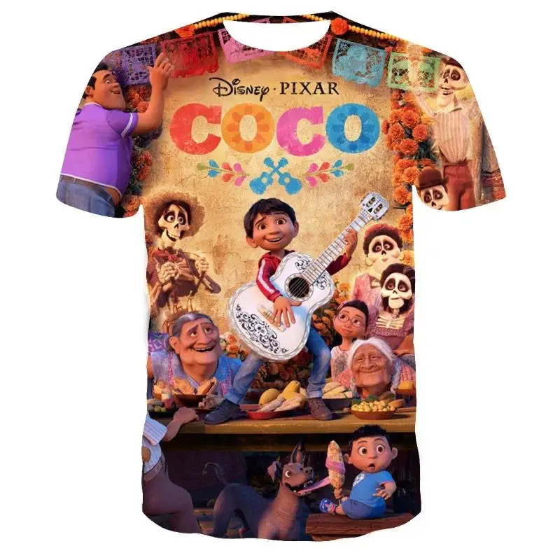 ديزني الرسوم المتحركة فيلم كوكو ثلاثية الأبعاد تي شيرت مطبوع الرجال قصيرة الأكمام تي شيرت الكرتون تي شيرت عادية Harajuku الشارع تي شيرت كامل