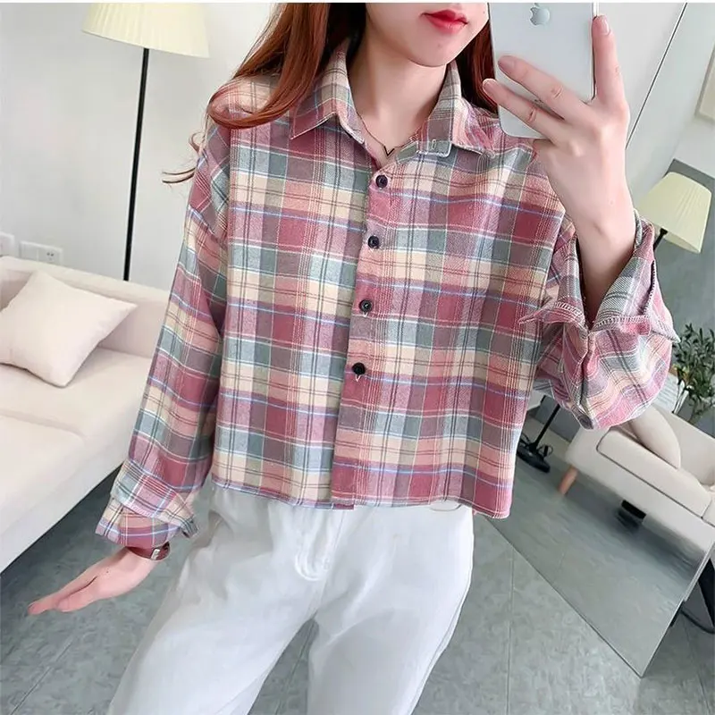 Women\'s Autumn Casual Simplicity Plaid Polo Collar Long Sleeve Shirts Women Clothes Fashion Loose All-match Temperament Tops