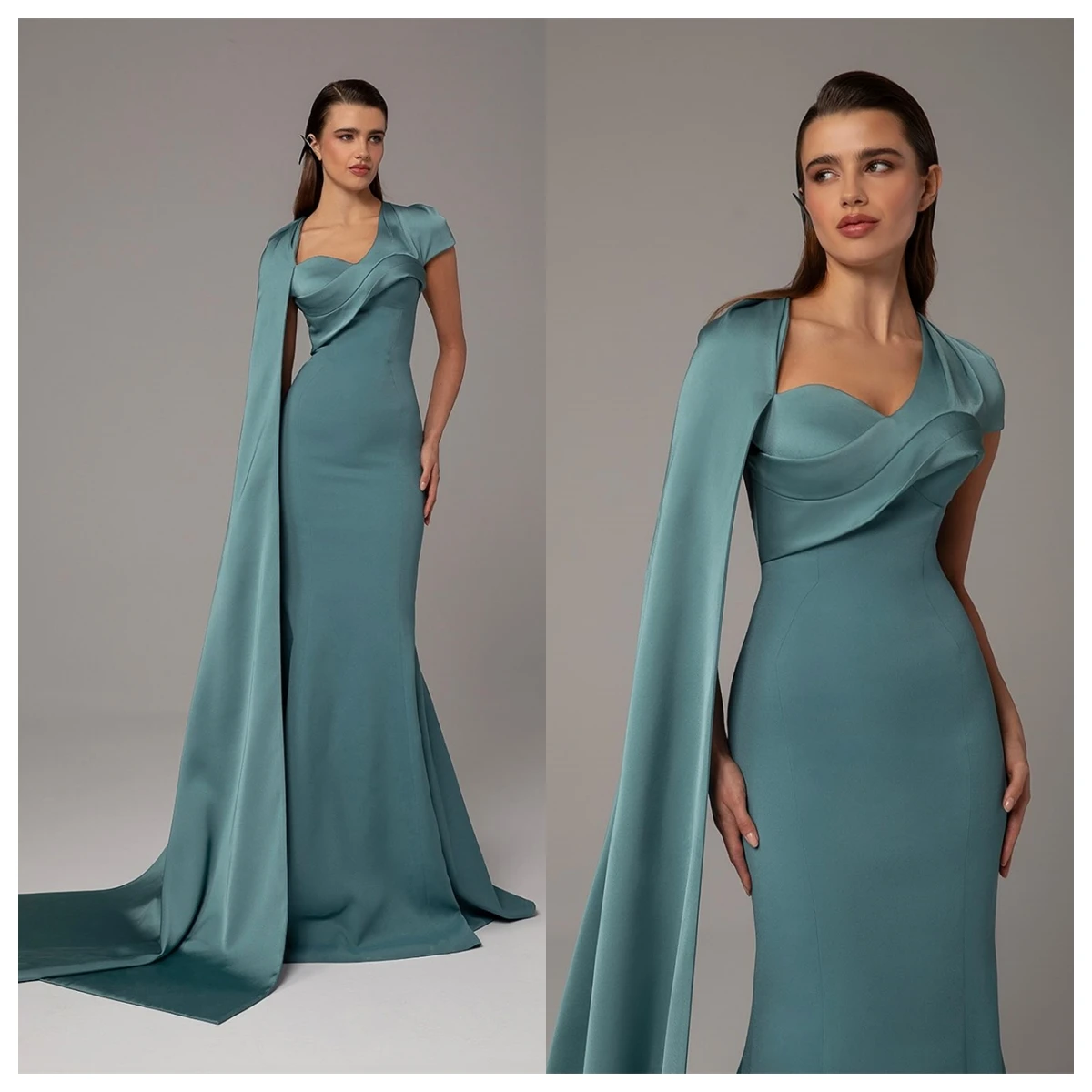 

Customized High Quality Blue Satin Evening Dress Square Collar Short Sleeves Celebrity Gowns Bespoke Occasion Gowns Delicate