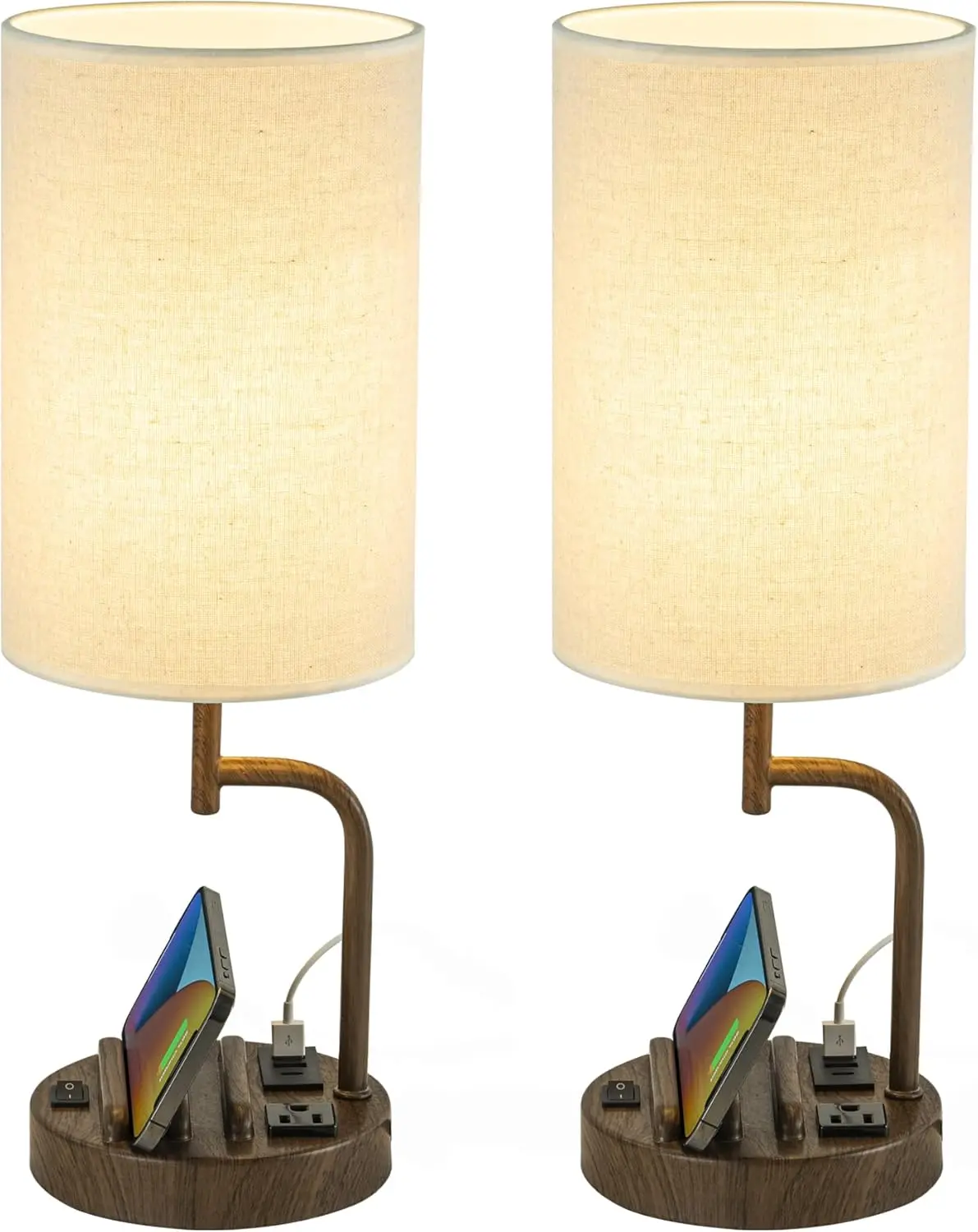 

Modern Table Lamp with 3 USB Ports, AC Outlet & Phone Stands - Perfect for Bedroom, Office (2-Pack, Walnut)