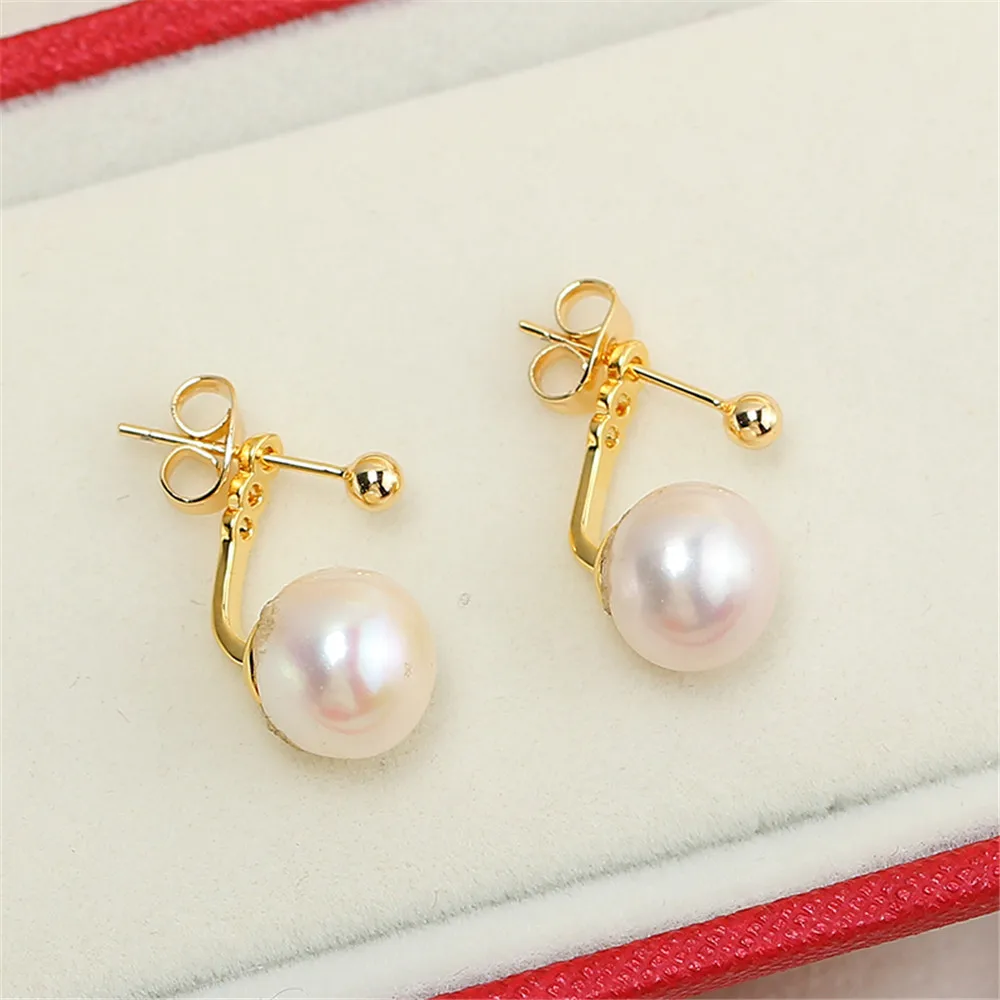 Domestic 14k Gold Coated Simple Front and Rear Wearing Pearl Stud Earrings 925 Silver Needle Empty Support DIY Accessories Women