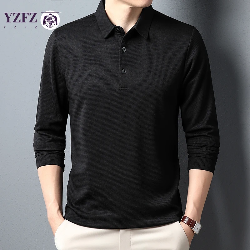 Men\'s Business Casual Lapel Long Sleeved T-shirt Comfortable All Season Pure  Top