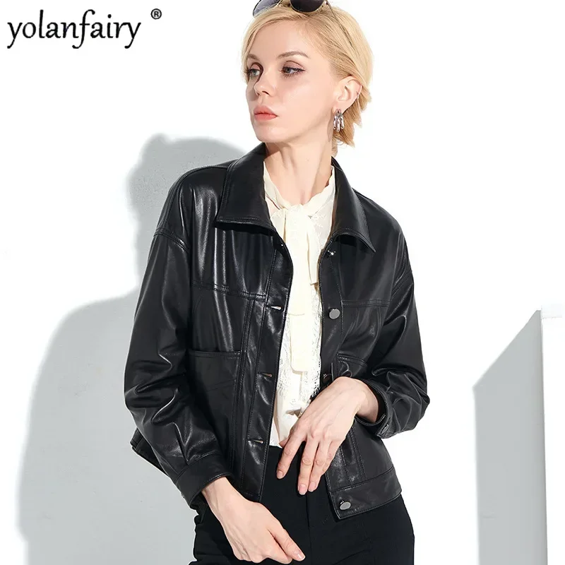 YOLANFAIRY سترات من جلد الغنم النقي للنساء الكورية ربيع الخريف سترة قصيرة الإناث الملابس الجلدية الطبيعية الأحمر فضفاض FC #6