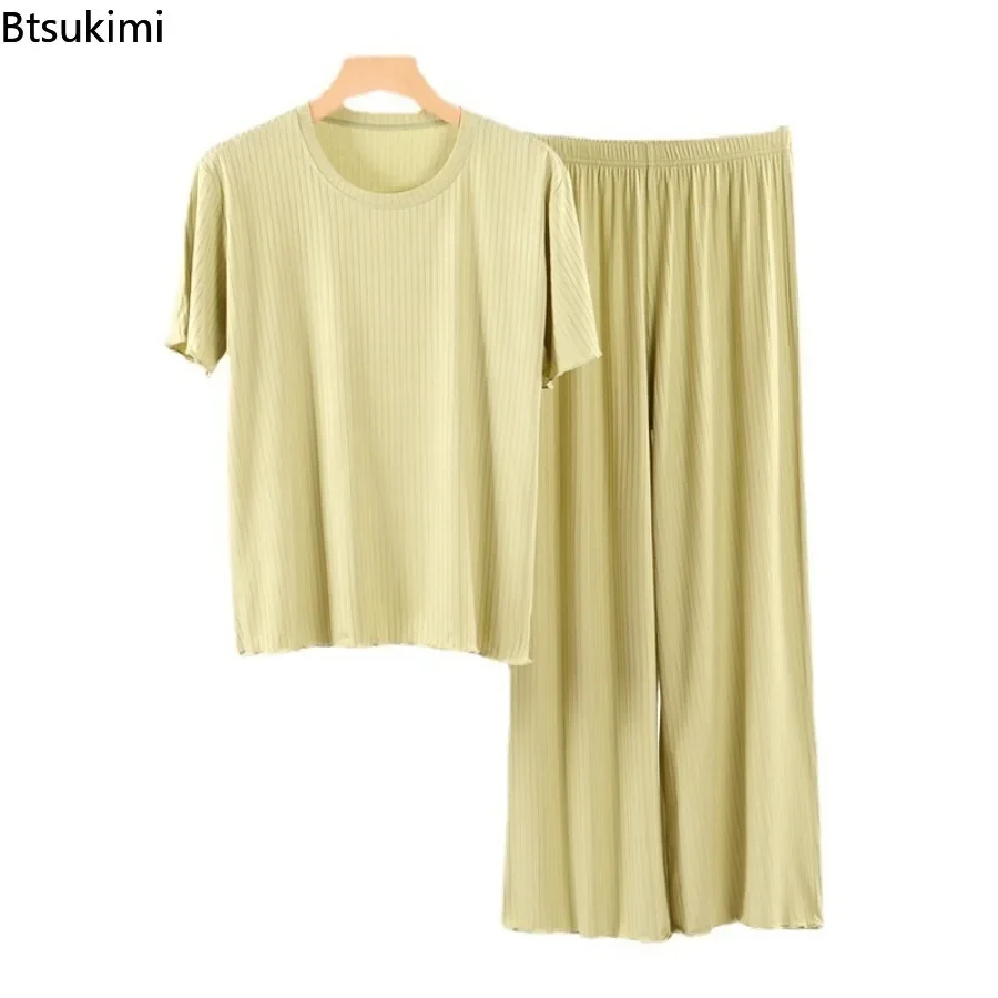 Women's Summer Short Sleeve O-neck Pajamas Fashion Solid Casual Homewear Women Modal Short Sleeved and Long Pants Two-piece Set