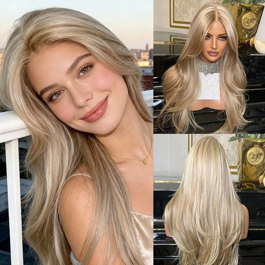 

Синтетический парик омбре светло-золотистого блонд с HD-кружевом, без клея, с естественной линией роста волос, без клея, топ продаж