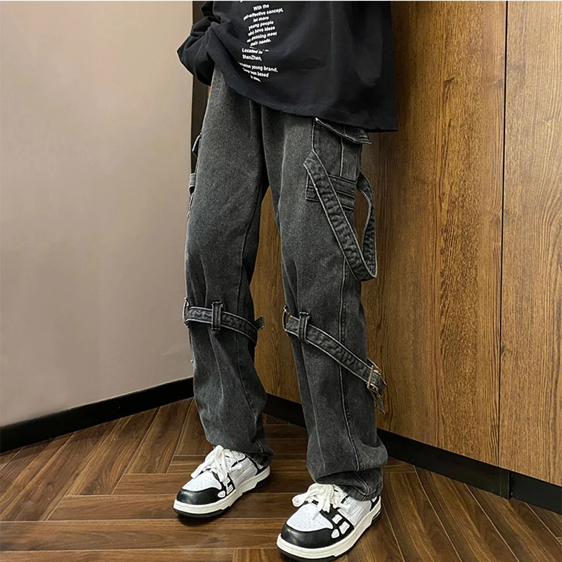 New Streetwear Baggy Jeans Men Fashion Wash Retro Ribbon Straight Loose Wide Leg Jeans Pants Male High Street Denim Pants M-5XL