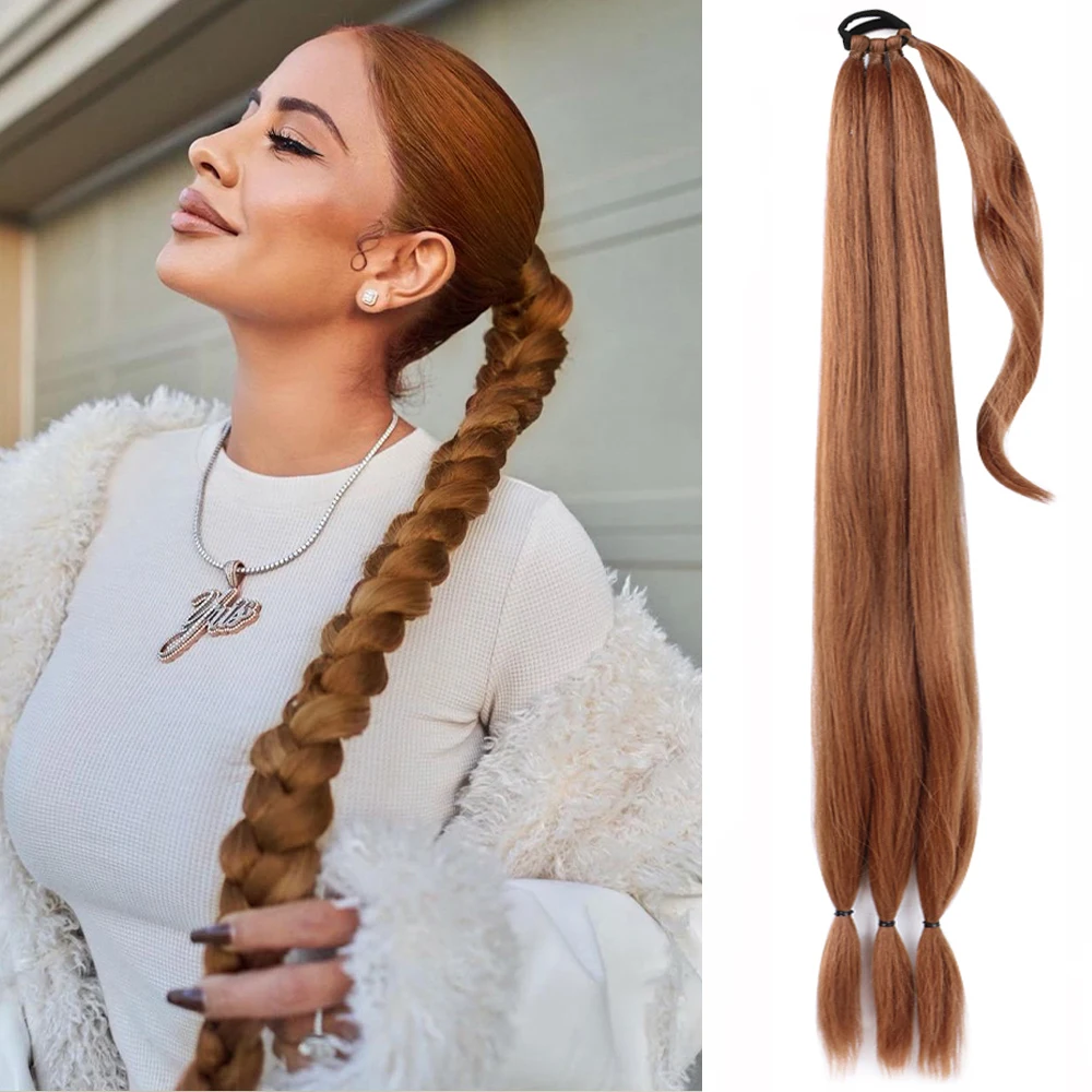 26/32inch Ponytail Extensions Synthetic Boxing Braids Wrap Around Chignon Tail With Rubber Band Hair Ring 26 Inch Brown Braids