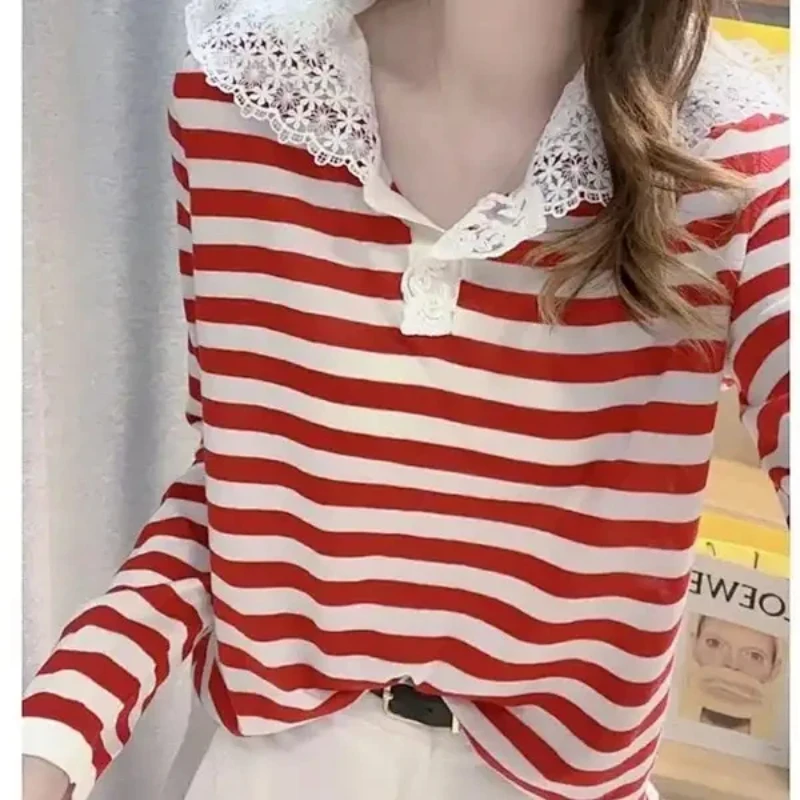 

Striped Women Blouse With Lace Peter Pan Collar Casual Loose Fit Long Sleeve Top Spring Autumn Wear