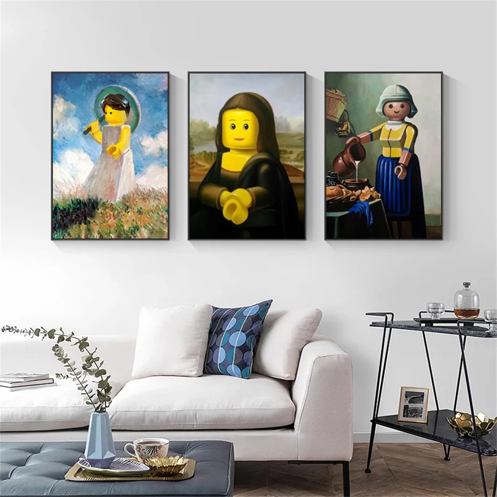 Abstrakcyjna zabawna Mona Lisa Legos plakat i druki kreskówka słynny obraz na płótnie dekoracja ścienna do pokoju dziecięcego