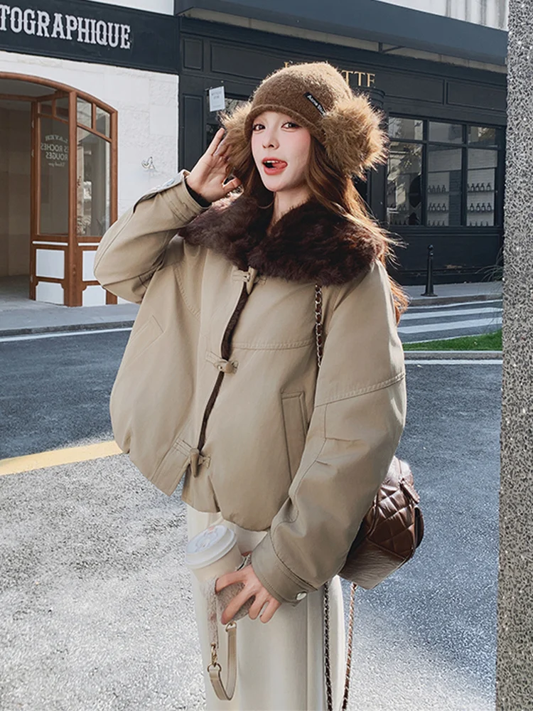 캐주얼 슬레 여성용 파카 재킷 2025년 겨울 신상 따뜻한 대형 퍼 칼라 코트 버튼 클로저