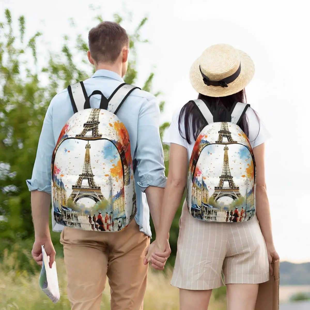 Paris Street Scene With Eiffel Tower French Countryside Student Backpack School Bag Daypack for Boys Girls Bookbag Shoulder Bags