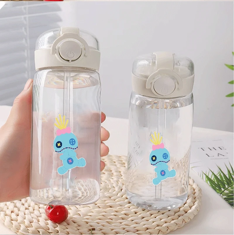 

Stitch Angel Portable Sports Mug Plastic Girls Transparent Straw Cup Disney Cartoon Stitch Anime Kawaii Summer Gift for Kids