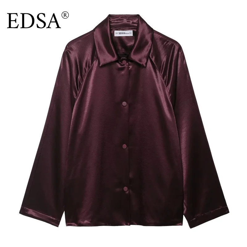 

EDSA Women Burgundy Satin Jacket Long Sleeves Single Breasted Turn-down Collar Solid Color Spring Autumn Female Outerwear