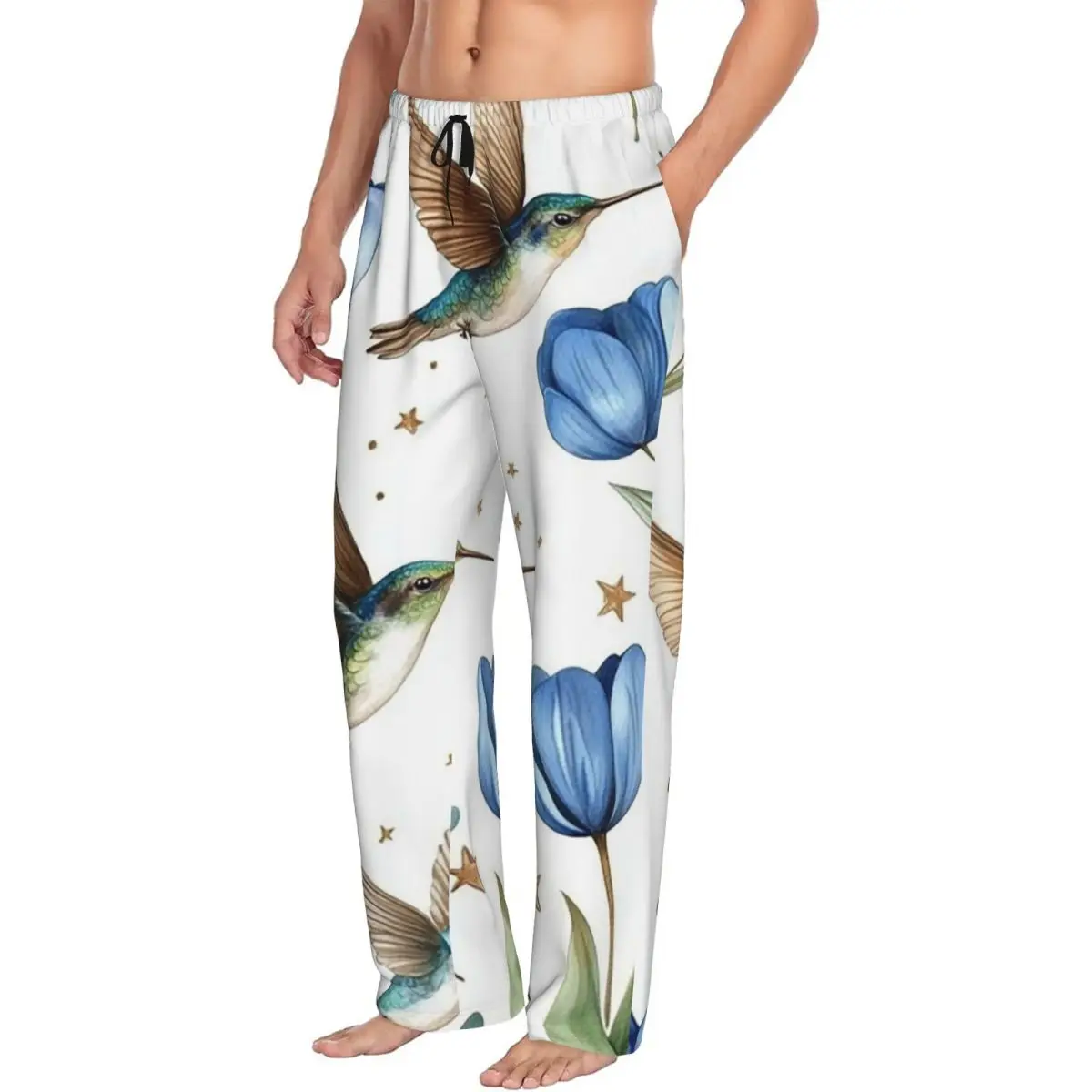 Custom Tulips And Hummingbirds Men Pajama Pants Lounge Sleep Sleepwear Bottoms with Pockets