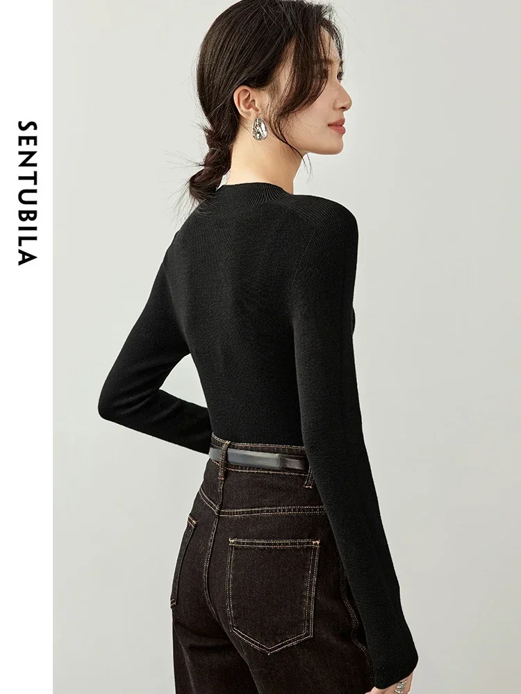 SENTUBILA Women 100% Wool Knitted Pullovers   2024 Autumn Slim Fit Half High Collar Solid Basic Comt  Tops W43H56229