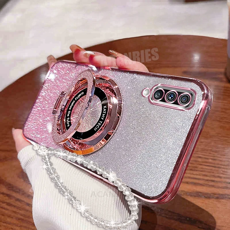 A 50 70 30s Glitter Plating Holder Chain Case For Samsung Galaxy A50 A70 A30s A7 2018 A20 A30 A21s Lanyard Silicone Stand Cover