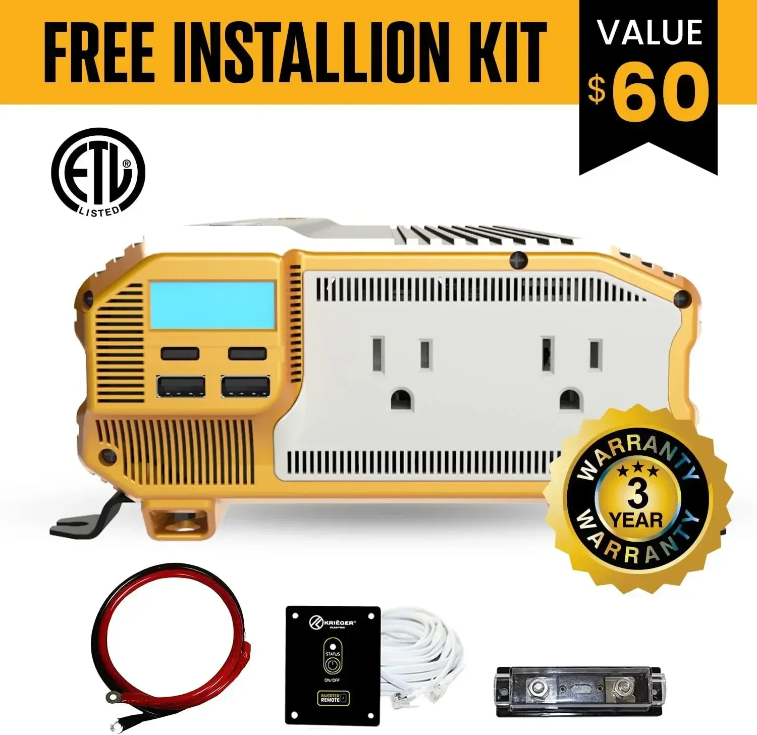 1100 Watt 12V Power Inverter Dual 110V AC Outlets Installation Kit Included Automotive Back Up Power Supply for Blenders Vacuums