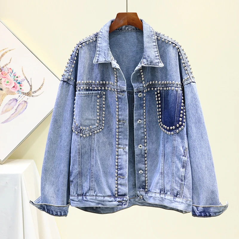 

Vintage Women Jacket Nice Autumn Winter Denim Jackets Washed Blue Rivet Jeans Coat Turn-down Collar Outwear Bomber Jacket P818