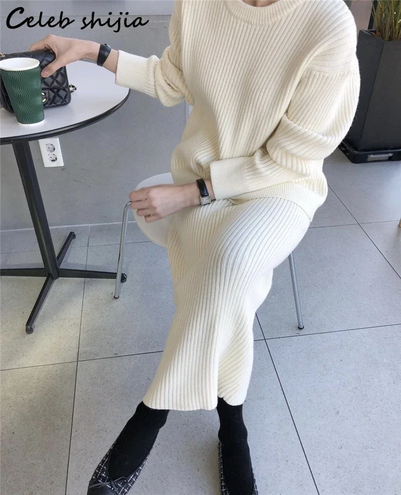 Chic White Knitted Dress Sets Woman Loose O-neck Sweater and High Waist Skirts Female Korean Autumn Winter Elegant 2 Piece Sets