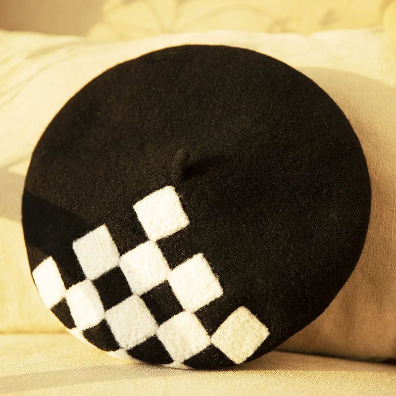 

Women Checkboard Black White Square Warm Wool Beret, Cute Wool Hats