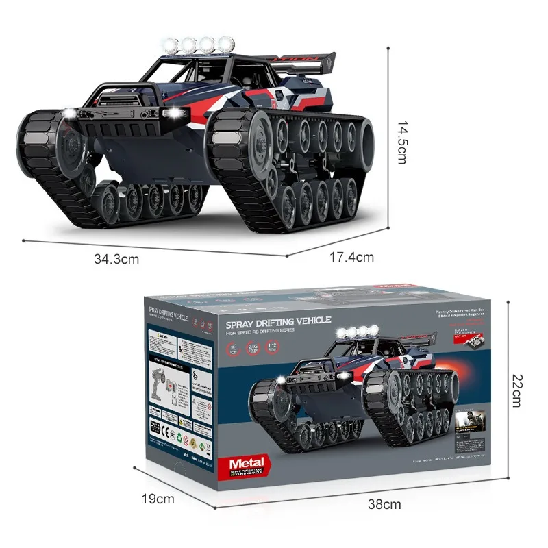 2.4G 1/12 carro de controle remoto com tanque RC rastreado com 360 °   Rotação Drift RC modelo veículo off-road presente para crianças