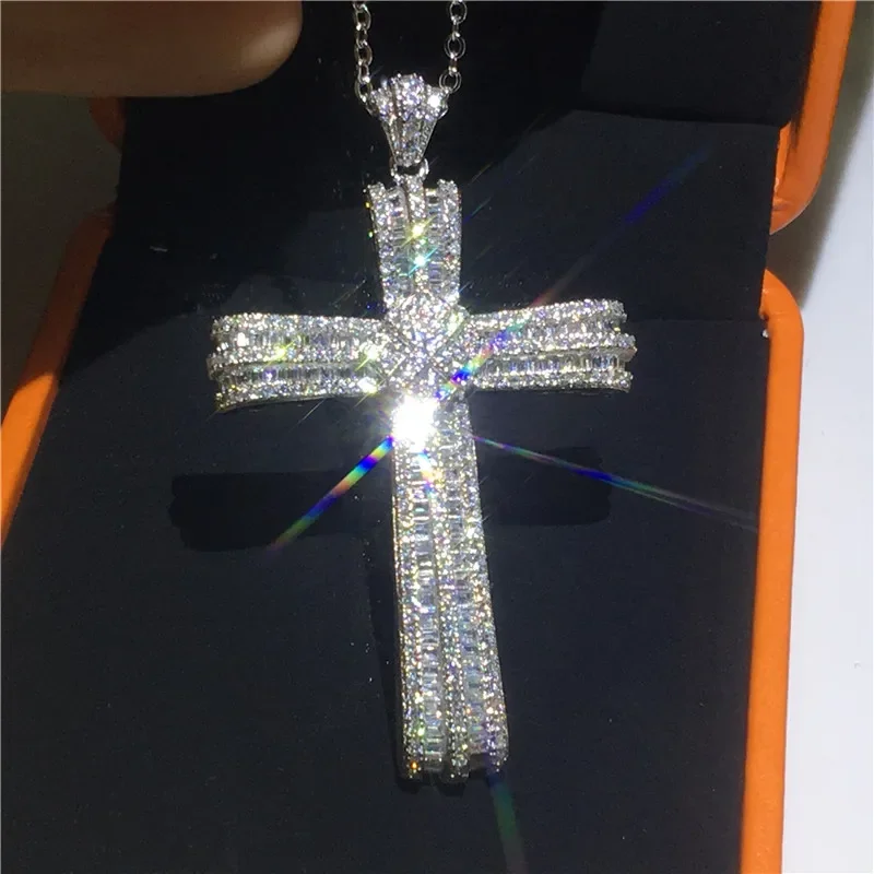 Luxury Long Cross Pendant Sona Cz Original 925 Sterling silver Chain Cross Pendant Necklace for Women Men Vintage Party jewelry