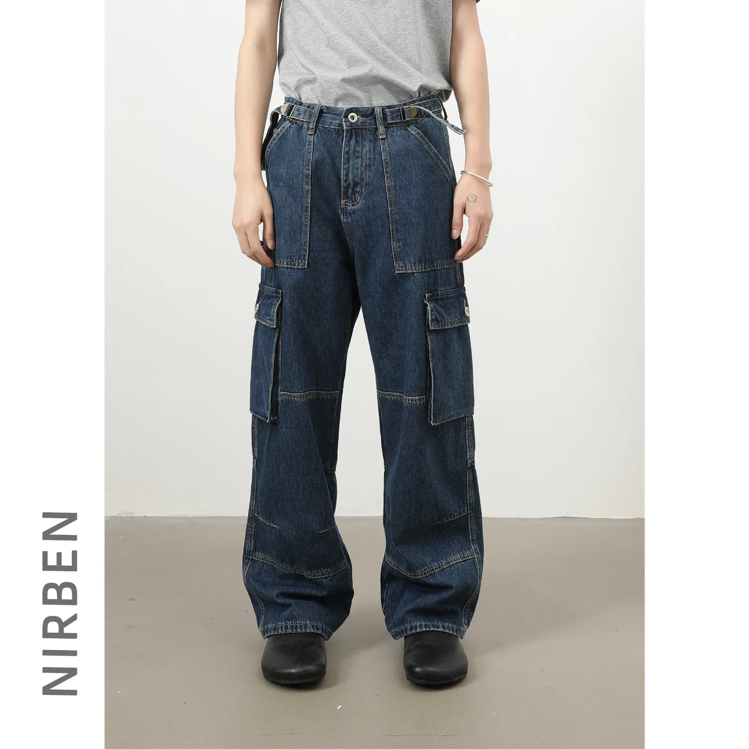 American Vintage High Street New Fashion Men's Simple Basic Straight Multi Pockets Loose Cargo Denim Trousers Male Jeans Pants