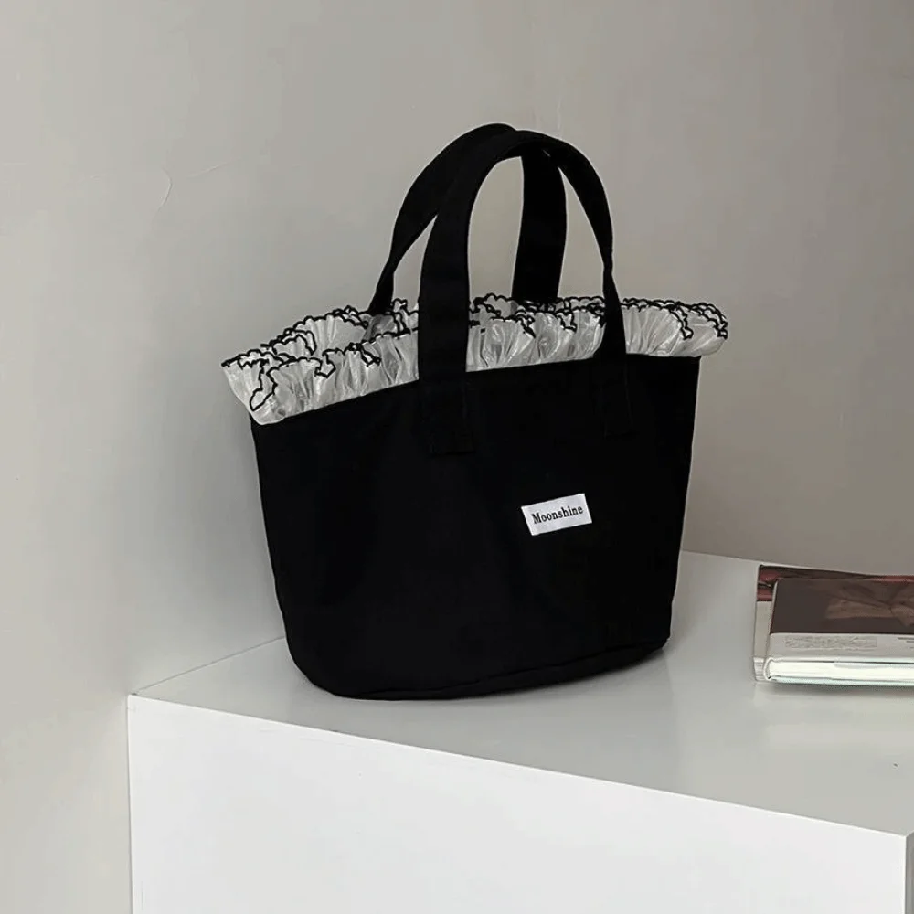 Ins Fashion Large Capacity Canvas Tote Bag Portable Lightweight Lace Trim Handbag Ruffle Edge Shopping Bag Daily Use