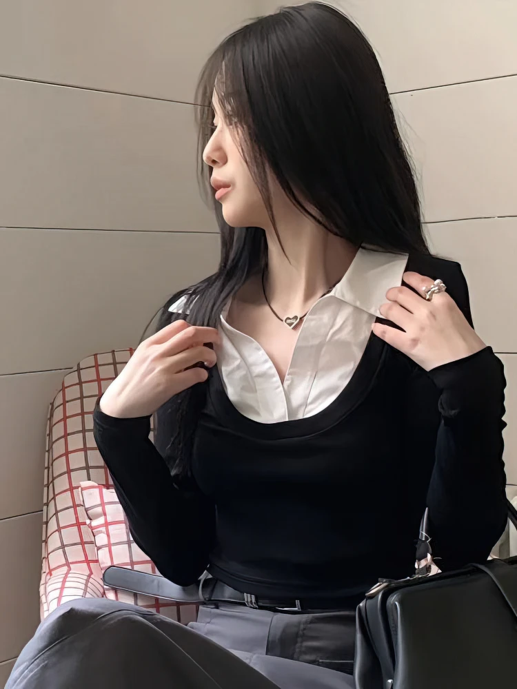 Fake Two-piece Long sleeve Cropped T-Shirt With Collar Women Sexy Body Polo Neck Crop Top Spring Fall Basic Tee Lady Korean New