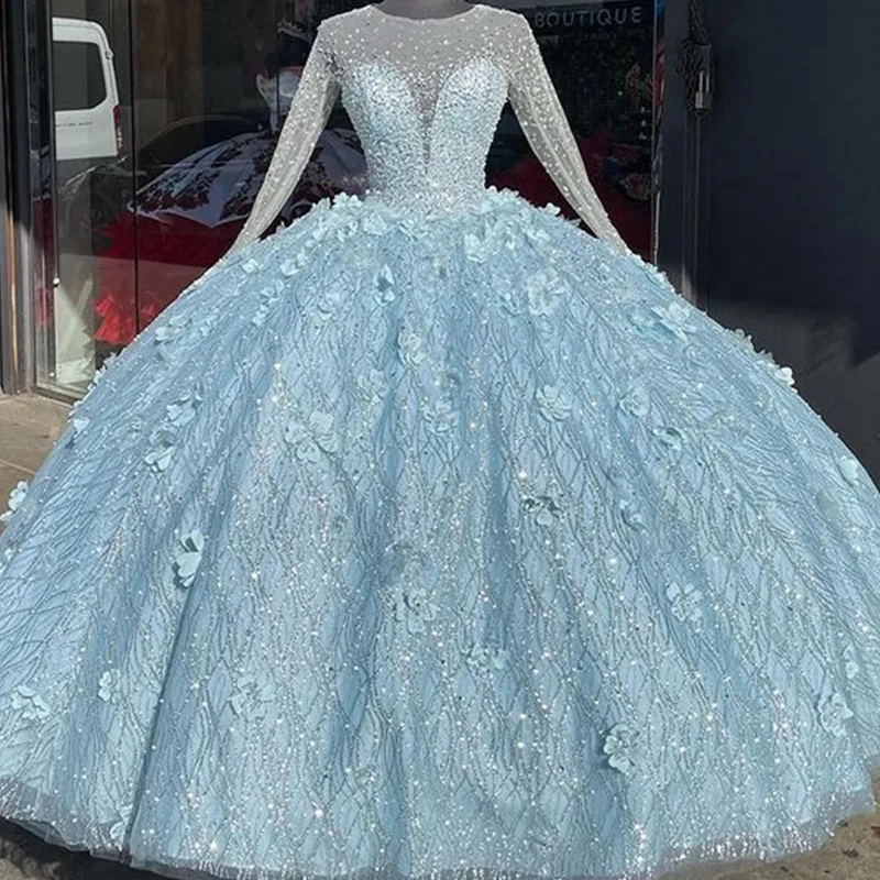 Gaun Quinceanera biru muda Cemerlang gambar nyata gaun berpayet renda lengan panjang leher-o gaun pesta putri 15 bola manis