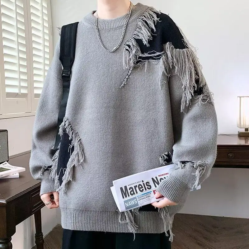 American High Street Frayed Sweaters Autumn Winter Vintage Patchwork Men's Clothing Casual Hole Tassel O-Neck Knitted Pullovers