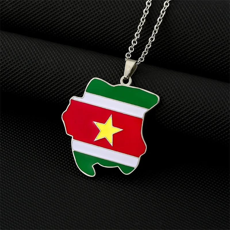 European and American Stainless Steel Map Of The Republic Of Suriname Flag Pendant Necklace