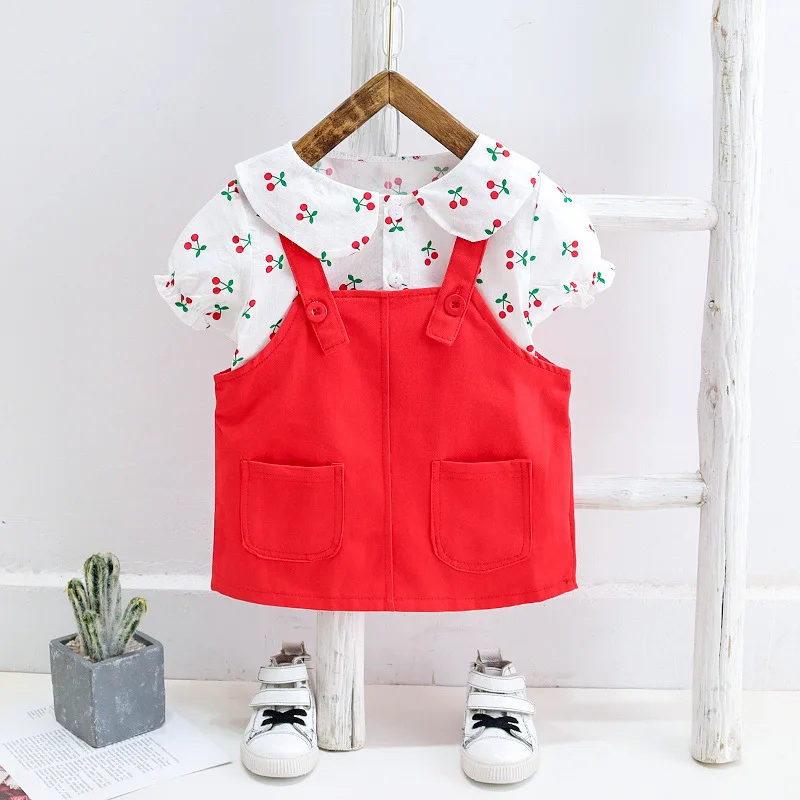 Summer Baby girls 0-5 Years Clothing sets Fashion female infant Short-sleeved Clothes Suits Cherry Print