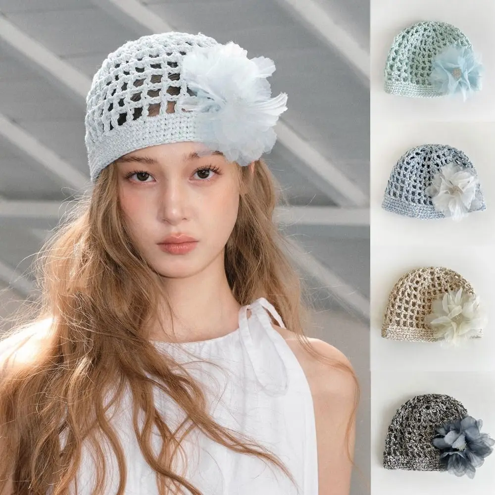 

Handmade Crochet Flower Hat Thin Korean Hollow Out Knitted Hat Ethnic Style Bohemian Style Beanies Hat Apparel Accessories