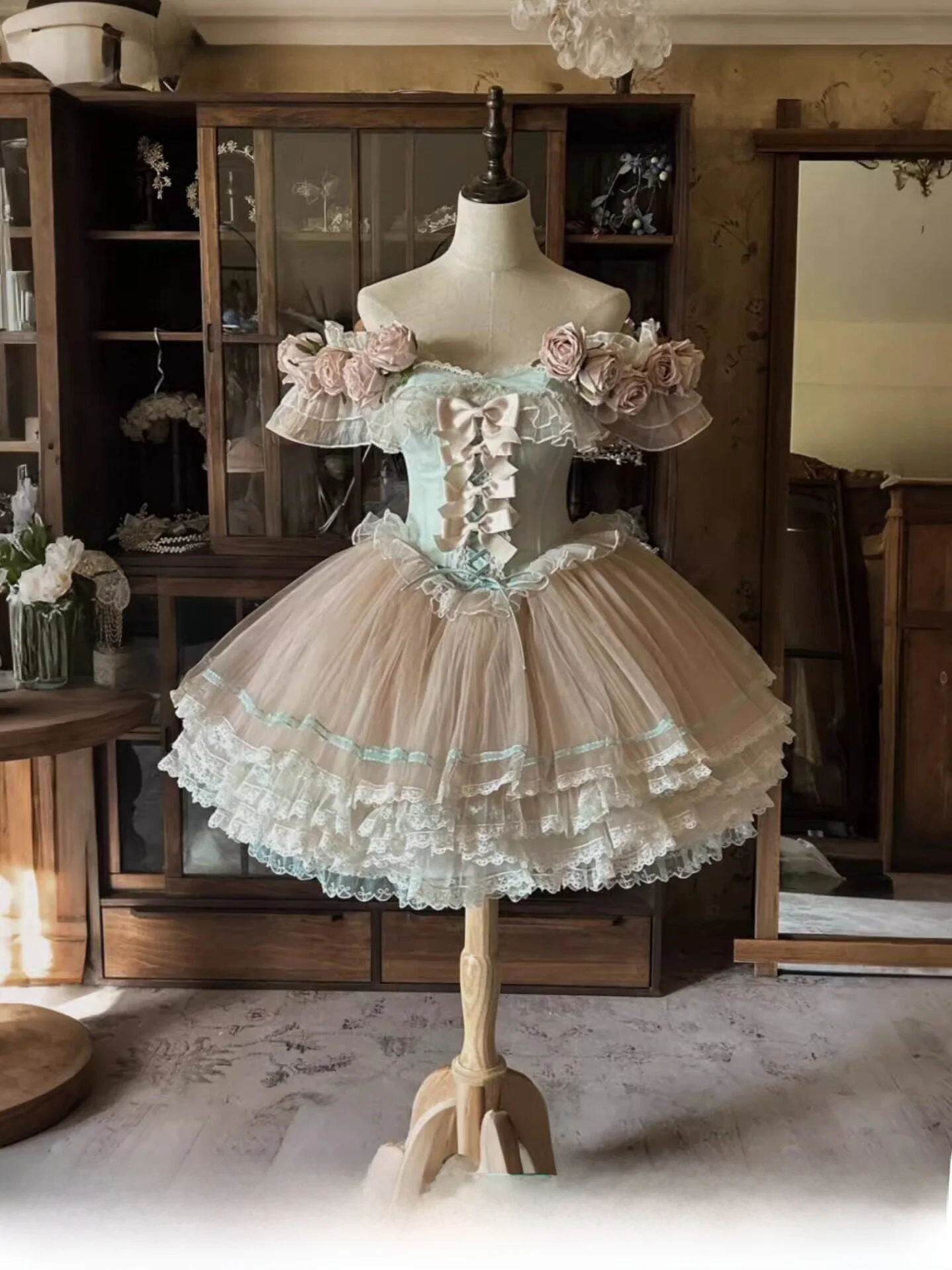 

Lolita Short Evening Gown Women's Vintage Rose Birthday Party PrincessLO Skirt Sweet Style Handmade Flower mid Waist