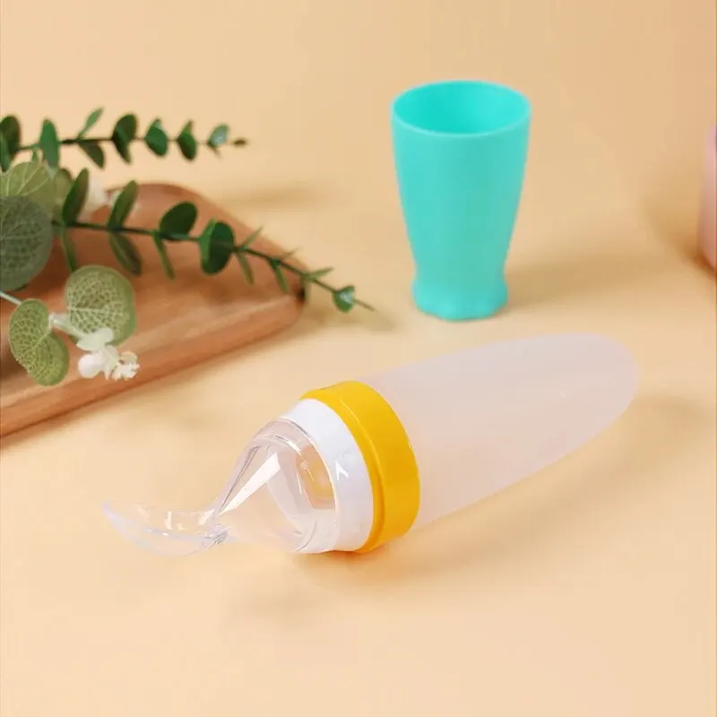 1 Pcs Baby Rice Cereal Bottle Dropper Feeding Squeeze Spoon Soft Silicone Spoon Cute Rocket Shape Soft Non Slip Feeding Bottle