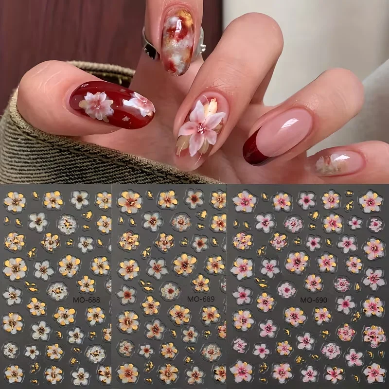 1 unidad de pegatinas florales metálicas 5D para uñas, pegatinas de flores de lámina dorada para uñas Vintage, flores de cerezo blancas, rosas y marrones, suministros para uñas de boda