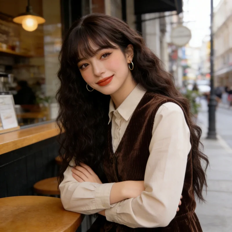 Korean and Japanese style women's wig with air bangs, fluffy corn perm long curly hair, water wave synthetic fiber headpiece