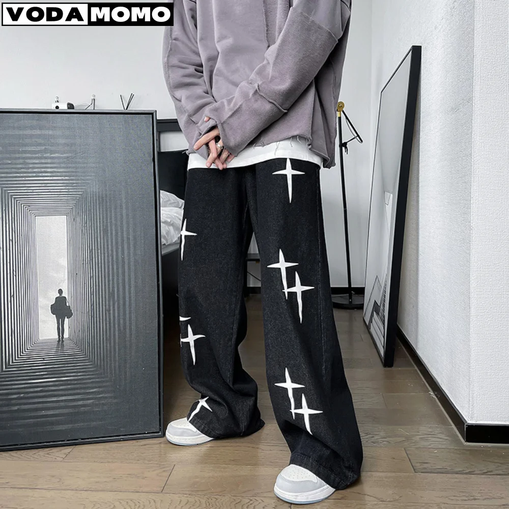 

New Men Spring and Autumn Korean Fashion High Street Hip Hop Style Male Trousers Straight Loose Wide-leg Pants Embroidered Jeans