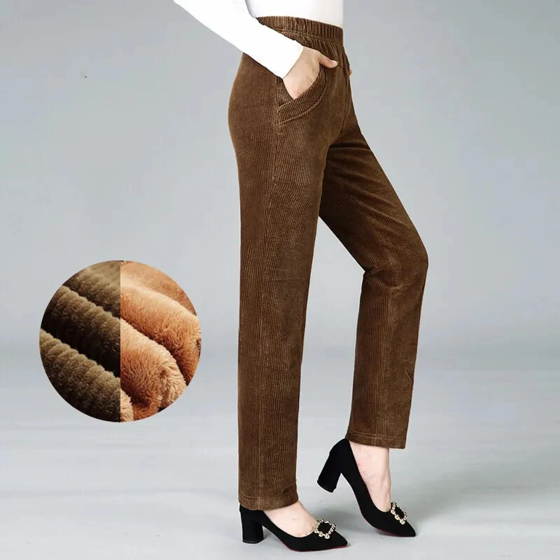 Imagem -06 - Calça de Veludo Elástico de Cintura Alta Feminina Casual com Neve Calça Grossa Quente Bottoms de Senhora do Escritório Mais Veludo Marrom Inverno