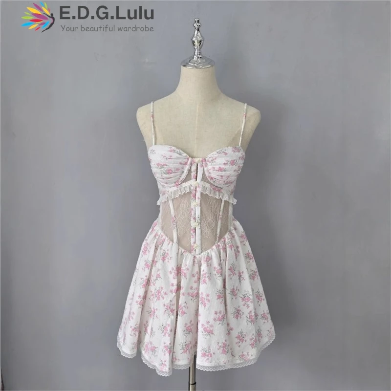 EDGLuLu Seksowne Stroje Damskie Sukienki Mini na Imprezę z Wysokim Stanem, Prześwitujące, z Koronkowymi Wstawkami i Kwiatowym Wzorem, Słodkie, Codzienne, Wakacyjne 0616